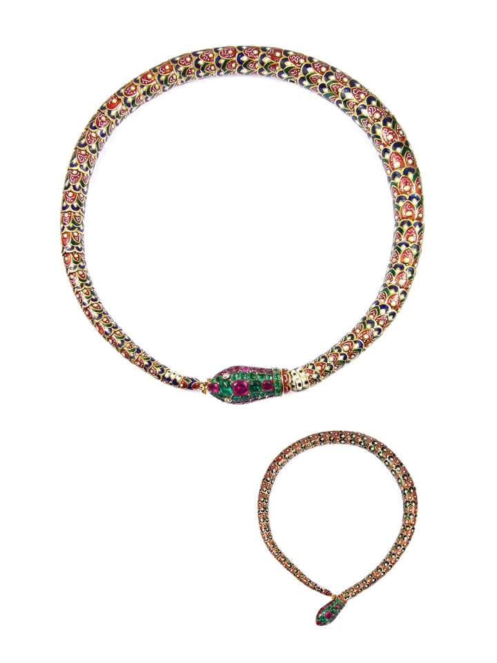 Emerald, ruby, enamel and gold articulated snake necklace